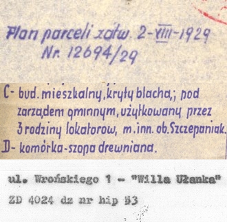 Skan fragmentu dokumentu dotyczącego willi ułanka i zawierający opis i plan parceli